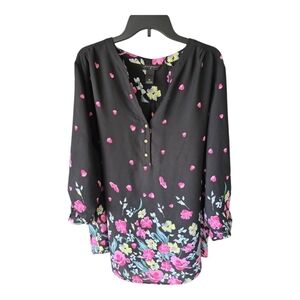 Investments Blouse Women 3X Black  Pink Floral Popover Roll Tab Sleeve Fairygrun